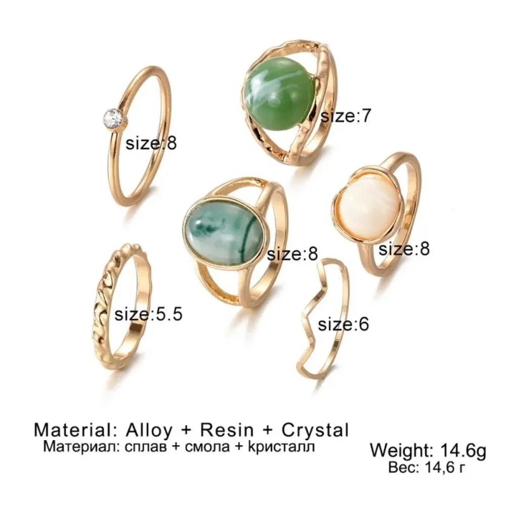 *CAPRICE* 6-Pc Gold x Green Gem Fashion Ring Set